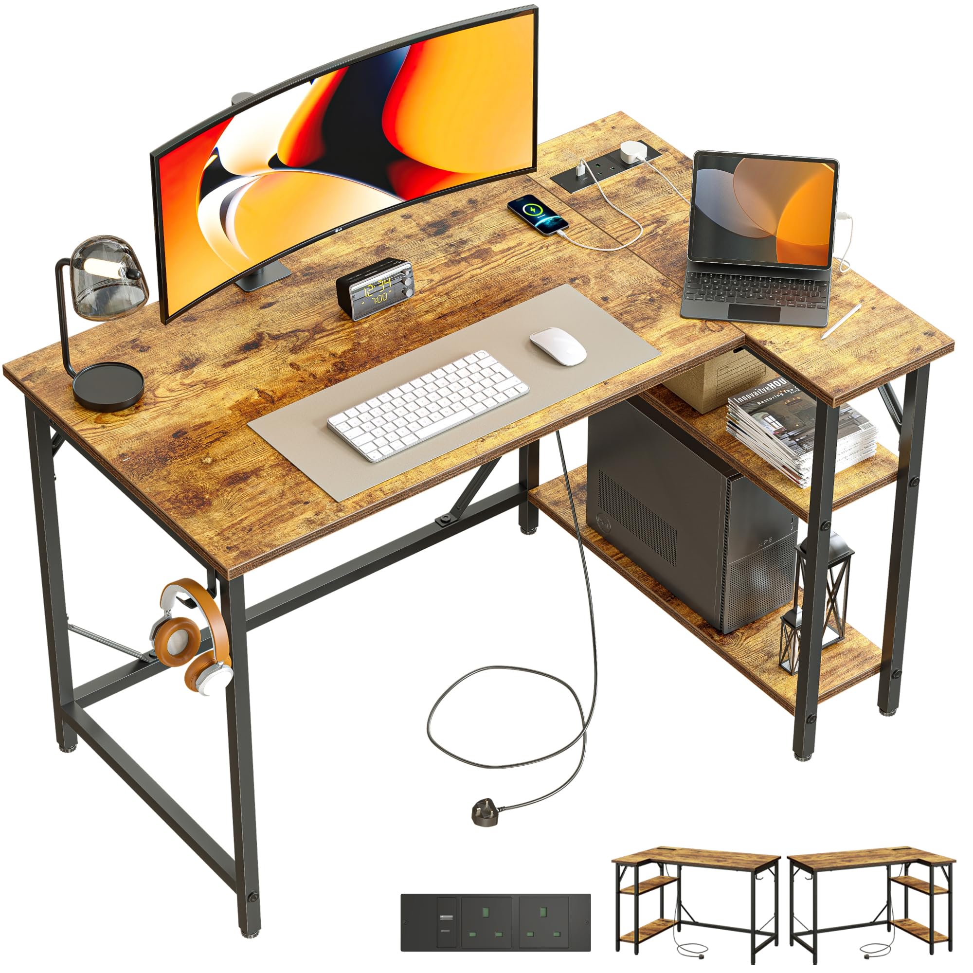 DOMSHOCT Small L Shaped Desk with Power Outlets&Hooks, 100x70cm Corner Computer Desk PC Gaming Desk, Large Storage Reversible Shelves, Home Office