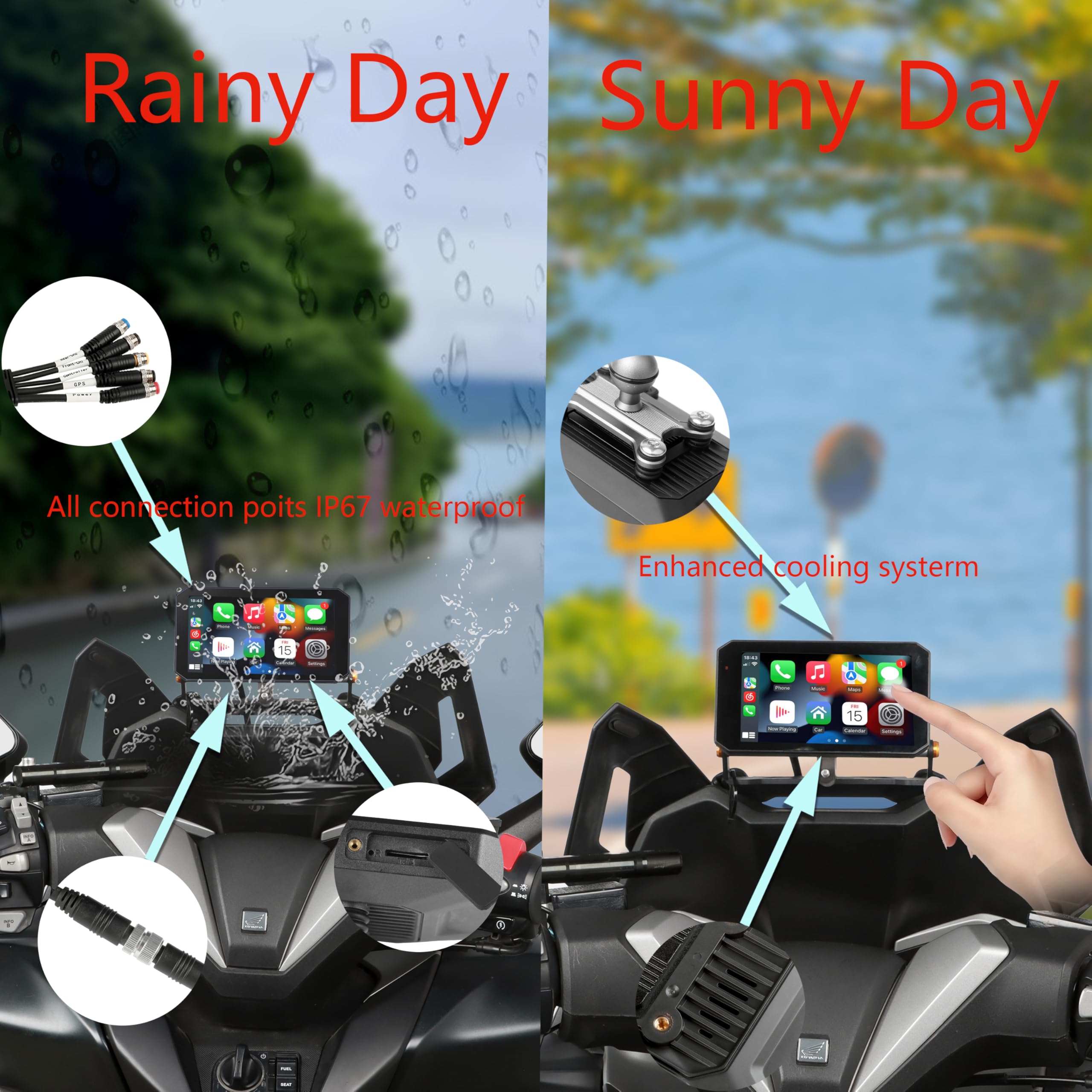 Motorcycle CarPlay Screen with 1080P Front and Rear Dash Cam,5.5" Wireless CarPlay & Android Auto GPS Navigation Touchscreen for Motorbike with BSD Radar Monitor,TPMS,IP67 Waterproof,Siri/Google
