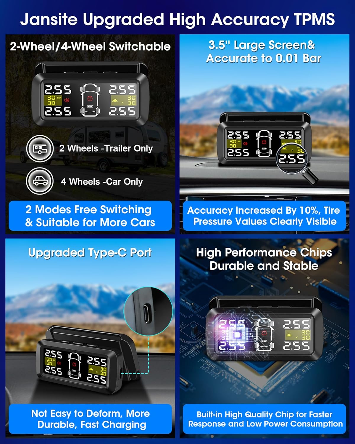 Jansite Upgraded TPMS Tyre Pressure Monitoring System Solar Wireless 4/2 Wheel Switch Modes Accuracy 0.01 Bar 21-87Psi Tyre Pressure Monitor 6 Alarm Mode with Detached Bracket and 4 External Sensors