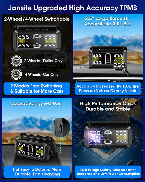 Jansite Upgraded TPMS Tyre Pressure Monitoring System Solar Wireless 4/2 Wheel Switch Modes Accuracy 0.01 Bar 21-87Psi Tyre Pressure Monitor 6 Alarm Mode with Detached Bracket and 4 External Sensors