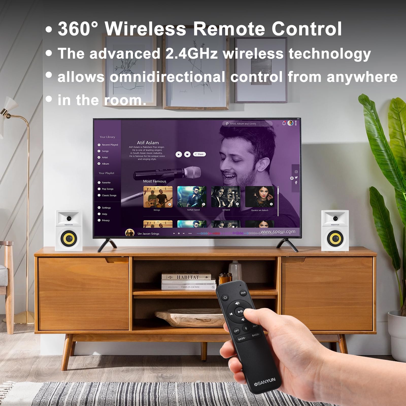 Sanyun SW203 4.0 Computer Speakers - 60W 4-Way DSP Control 3D Immersive Sound - 3" Carbon Fiber Woofer & 20mm Silk Dome Tweeter - 24bit DAC USB/Bluetooth 5.4/AUX - Studio-Grade Audio (Pair, Black)