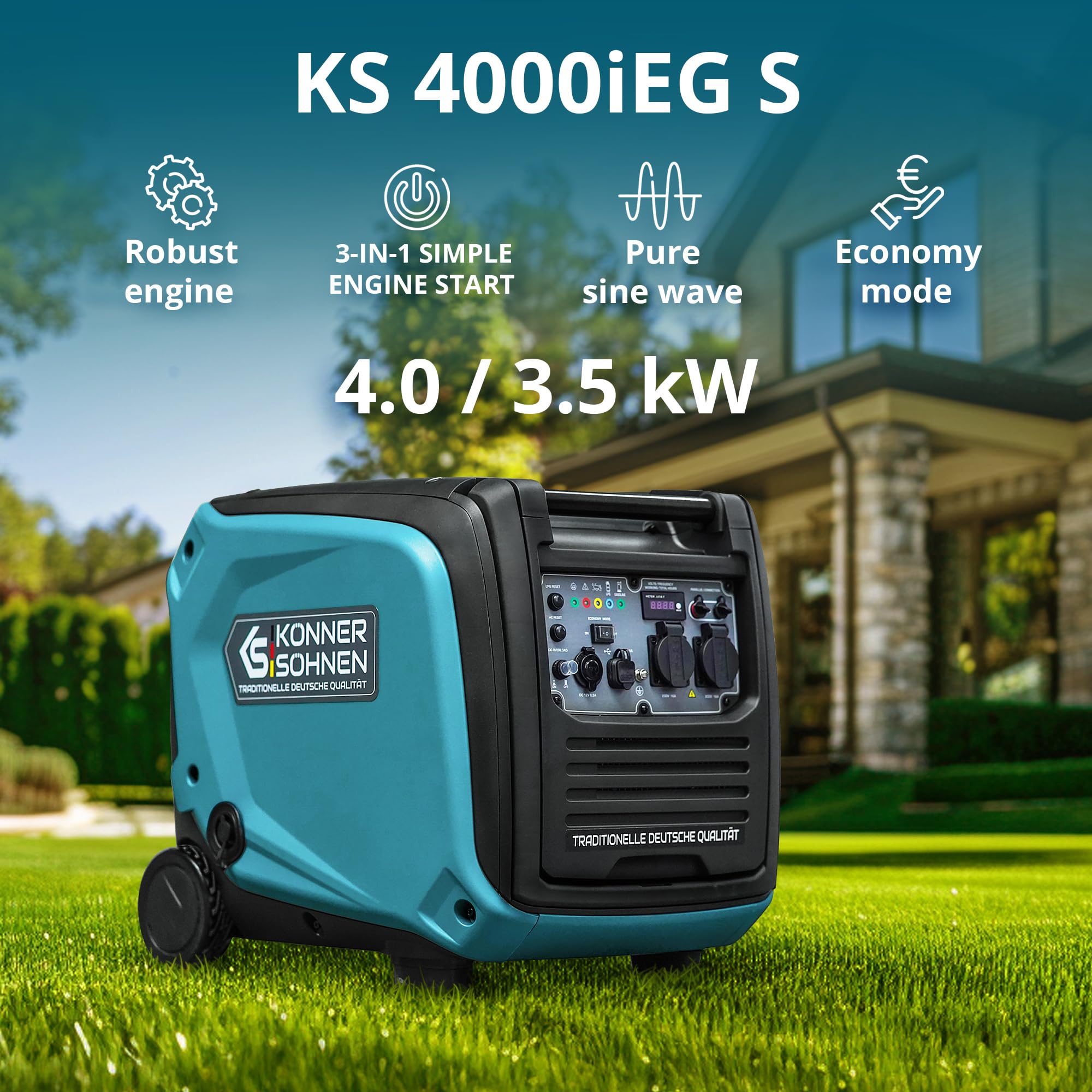 Könner & Söhnen KS 3100iG S portable LPG/petrol inverter generator 3100 W,UK Plug Socket 1x13 A (230 V), 2 USB ports,copper winding,silent inverter generator,dual fuel generator