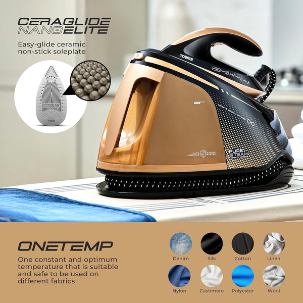 Tower T22030GLD PureSteam Infinity Xpress 8 Bar Steam Generator Iron, Ceraglide NanoElite Soleplate, AI-Auto Limescale Attack System, One Temp Technology, 1.5L Dual Tank Capacity, 3000W, Black & Gold