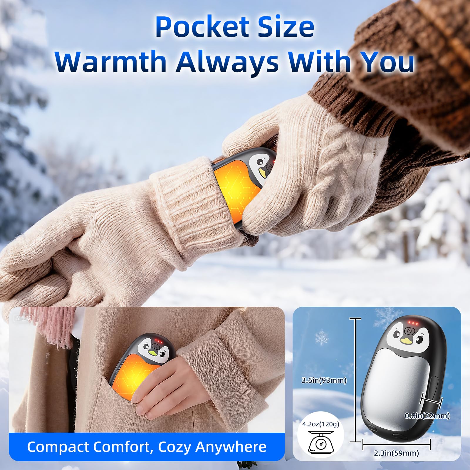 Hand Warmers Rechargeable, 8000mAh Electric Handwarmers, 2 pack Pocket HandWarmer, 3 Levels Heating, Portable for Pocket, Gloves, Golf Skiing Camping, Tech Gifts for Men Women, Black