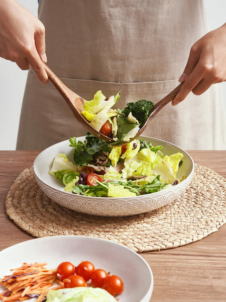 DOWAN Pasta Bowls Set of 4, 1660ml Large Salad Bowl, 25.2cm Wide and Shallow, Deep Soup Plates for Kitchen, Embossment Ceramic Serving Plate for