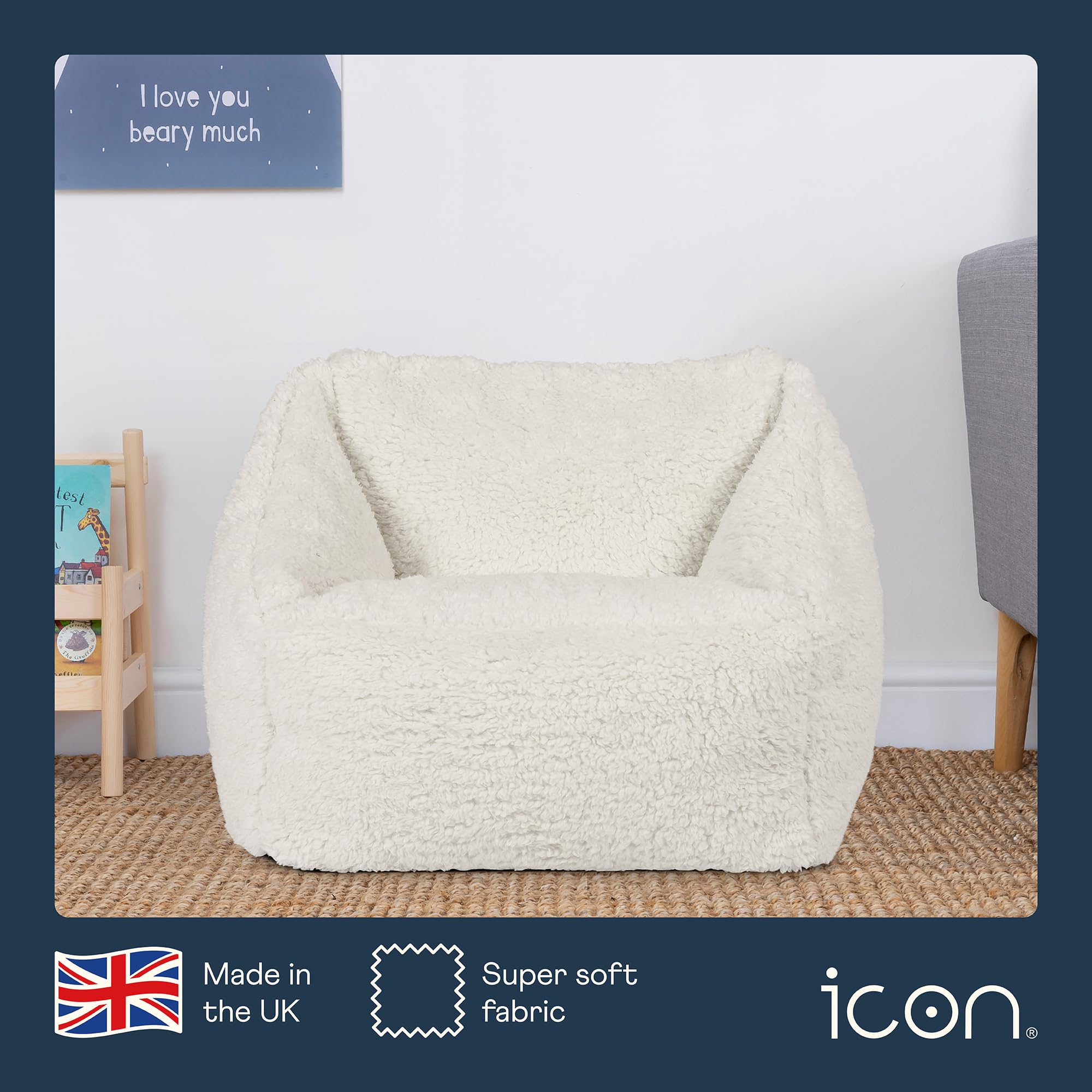 icon Kids Teddy Fleece Bean Bag Chair, Cream, Fluffy Kids Bean Bag Armchair with Filling Included for Girls and Boys, Childrens Chair, Nursery Dcor,