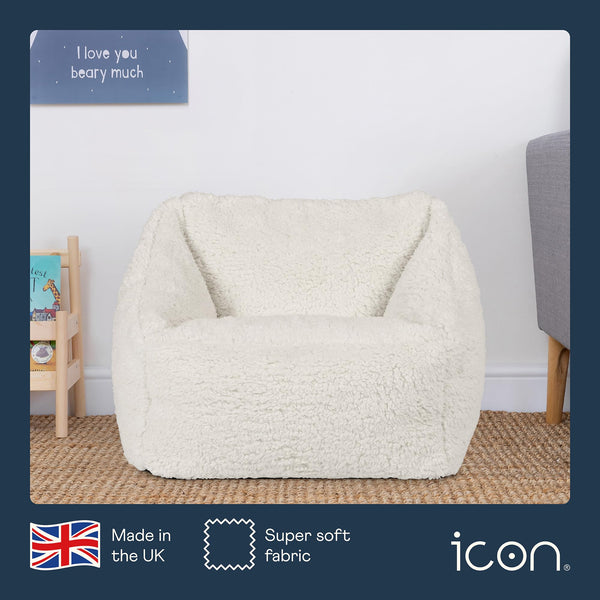 icon Kids Teddy Fleece Bean Bag Chair, Cream, Fluffy Kids Bean Bag Armchair with Filling Included for Girls and Boys, Childrens Chair, Nursery Dcor,