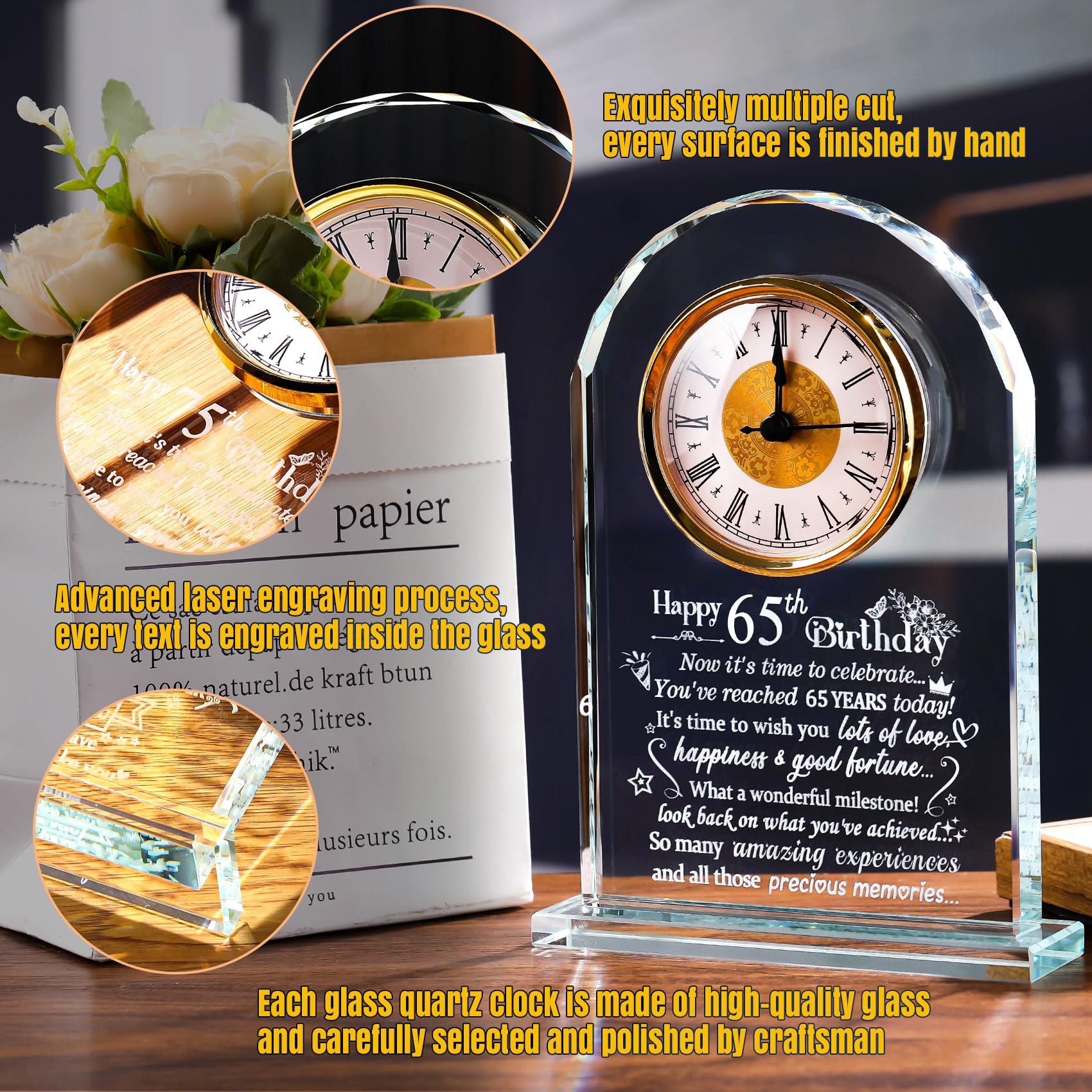 65th Birthday Quartz Clock Gifts for Women Ladies, Happy 65th Birthday Crystal Keepsake Ornament Presents for Friends Mum Turning 65 Years Old