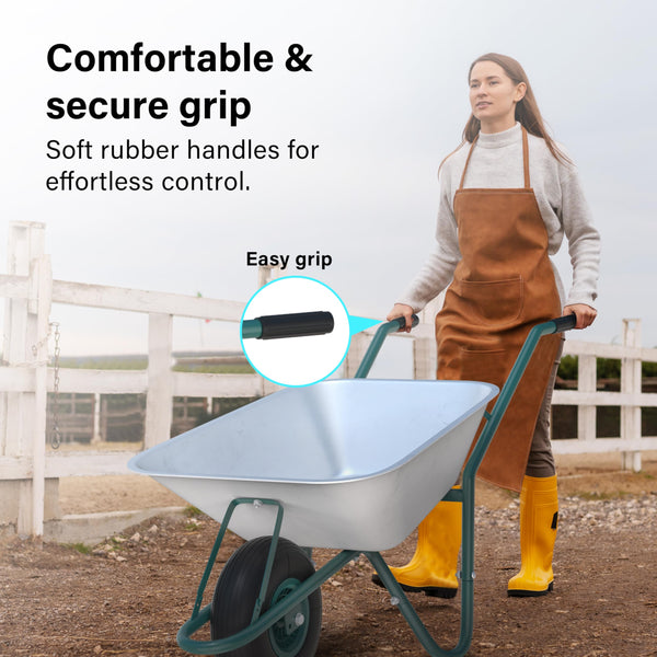 65L Wheelbarrow Home Garden, Heavy Duty Cart Galvanised Wheel Barrow with Pneumatic Tyre 100KG Load-Bear, Strong Large Transport Trolley Handcart, Suitable for Garden Work