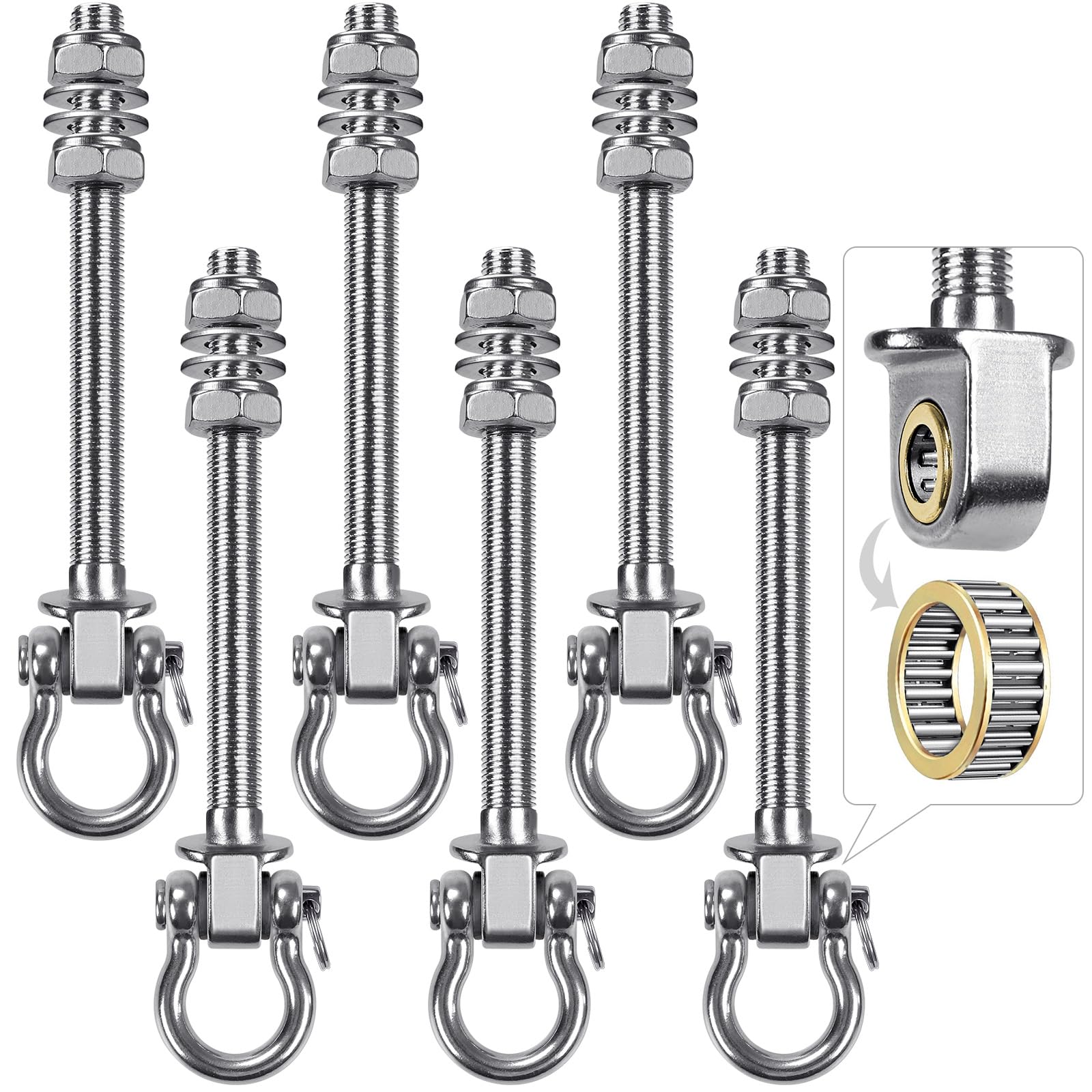 BeneLabel 6pcs Swing Hanger Bearing, Heavy Duty Hammock Hook M10 Hanging Chair Screw Eye Bolt 225mm Swivel Ceiling/Beam Mounting Bracket Kit for Yoga