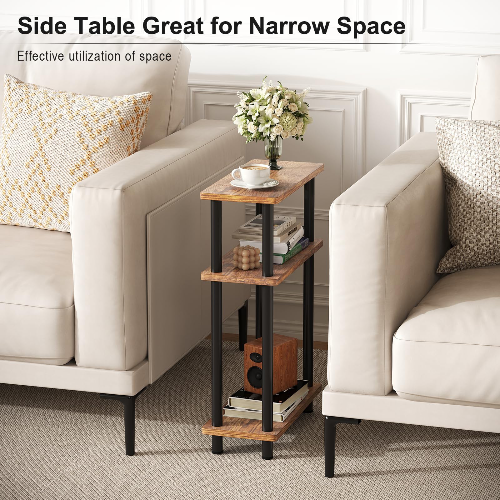 APICIZON Narrow Side Table, Slim Small Table, 3 Tier End Table Living Room, 40x18x61.5cm, Modern Thin Side Tables for Living Room, Bedroom, Sofa,