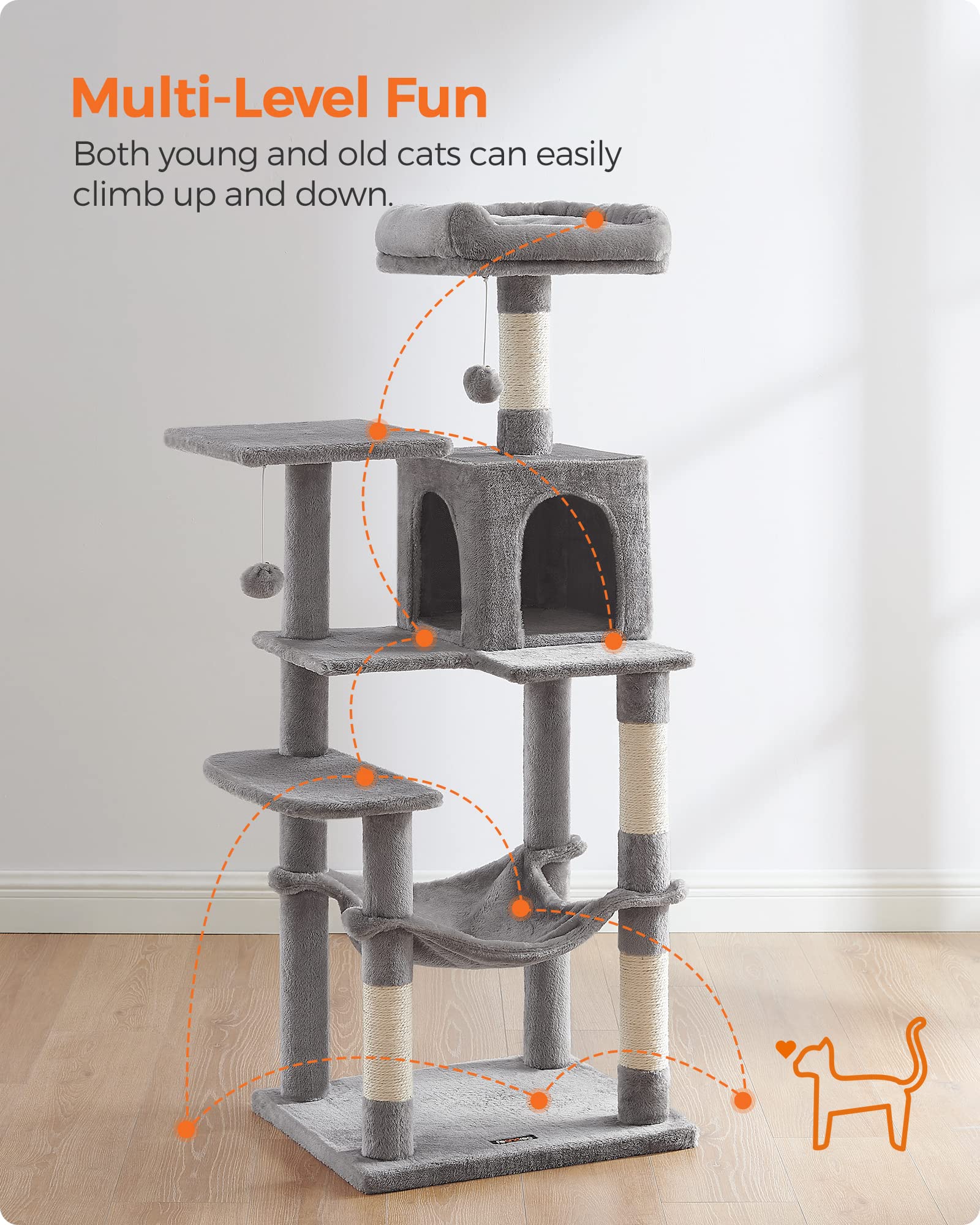 Feandrea Cat Tree, 143 cm Cat Tower for Indoor Cats, Multi-Level Plush Cat Condo with 4 Scratching Posts, 2 Perches, Cave, Hammock, Pompoms, Light