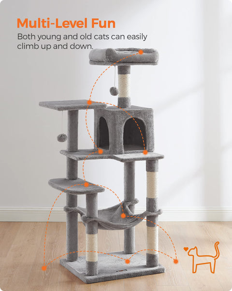Feandrea Cat Tree, 143 cm Cat Tower for Indoor Cats, Multi-Level Plush Cat Condo with 4 Scratching Posts, 2 Perches, Cave, Hammock, Pompoms, Light