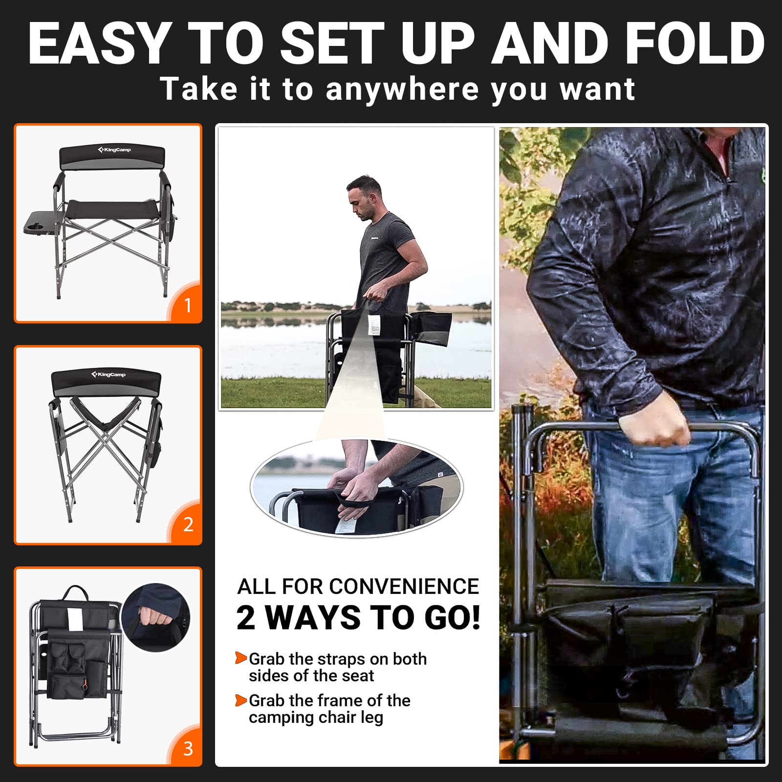 KingCamp Folding Camping Chairs for Adluts Heavy Duty Directors Chair with Cooler Bag and Side Table Support up to 150KG