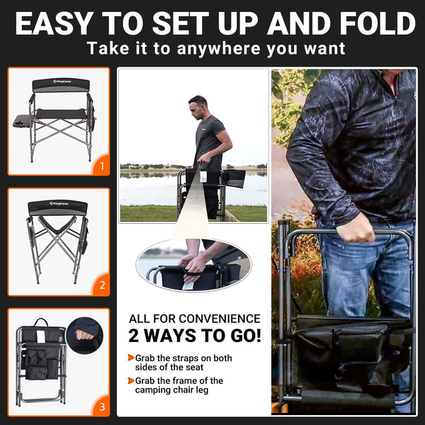 KingCamp Folding Camping Chairs for Adluts Heavy Duty Directors Chair with Cooler Bag and Side Table Support up to 150KG