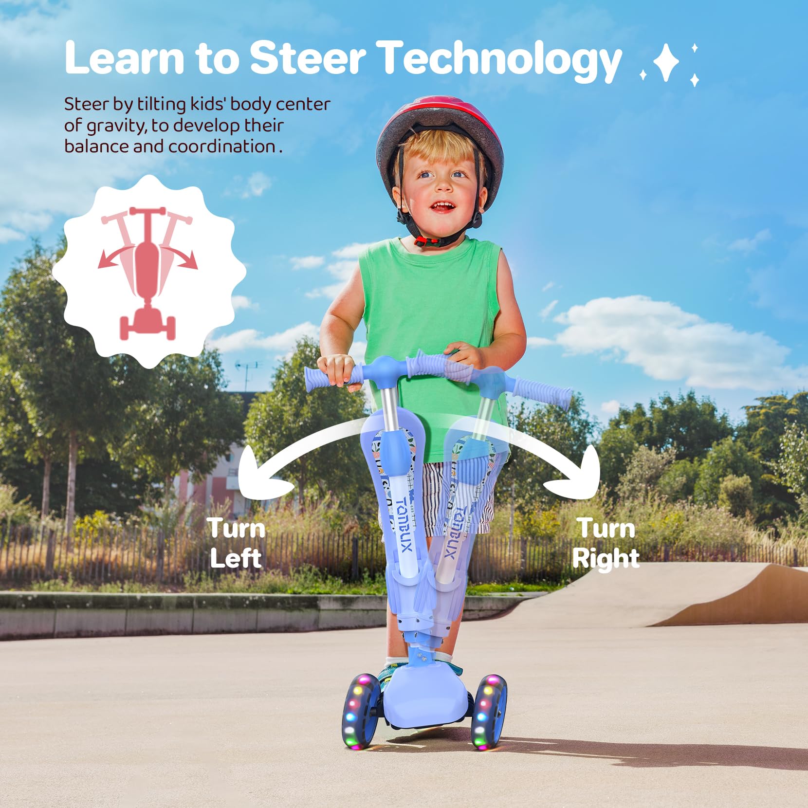 3 Wheel Scooter for Kids Girls Toddler Boys, TONBUX Kids Scooter With Big Wheels, Flashing LED Lights, 4 Levels Height Adjustable, Wide Deck, Foldable