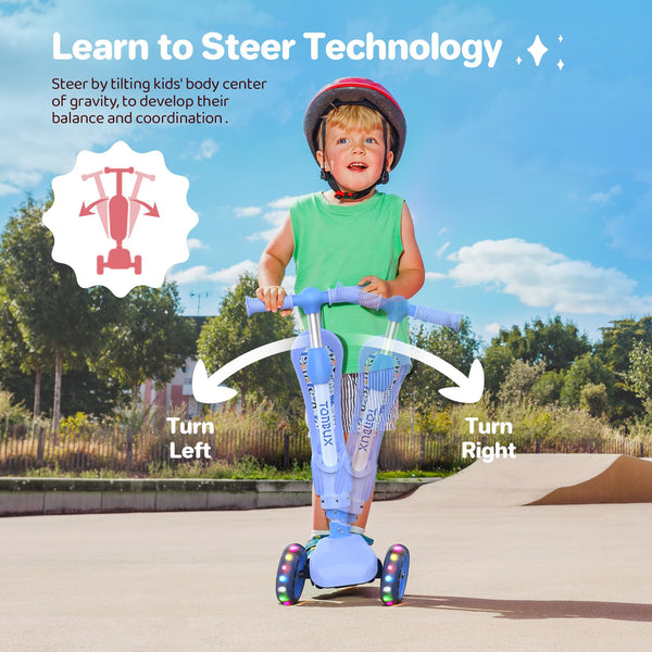 3 Wheel Scooter for Kids Girls Toddler Boys, TONBUX Kids Scooter With Big Wheels, Flashing LED Lights, 4 Levels Height Adjustable, Wide Deck, Foldable