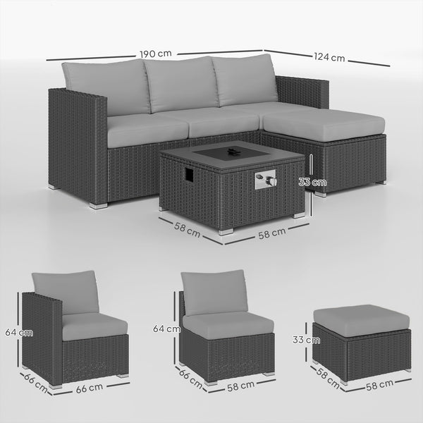 Outsunny 5 Piece Rattan Garden Furniture Set with Gas Fire Pit Table, 4 Seater Outdoor Sectional Sofa Set with Footstool and Removable Cushions, Modular Combination, Brown and Cream White