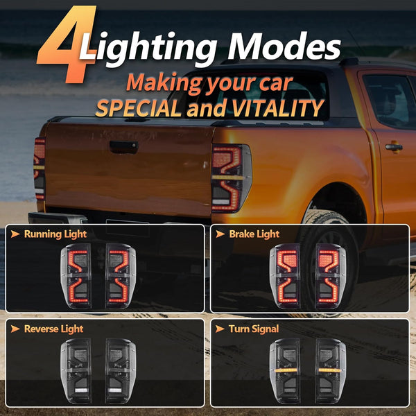 VLAND LED Tail Lights for Ranger T6 T7 T8 XL XLT Wildtrak 2012-2018 Rear Lights Lamp Assembly with Sequential Indicator (12-18 Somked)
