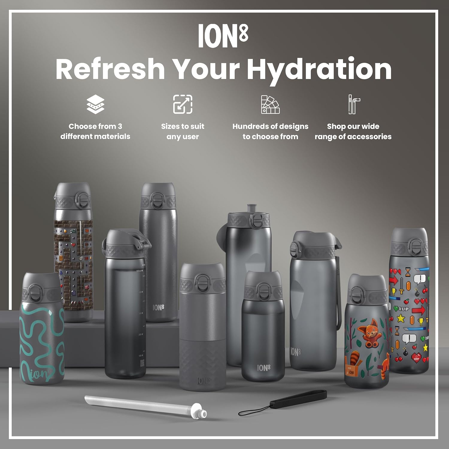 ION8 Water Bottle, 500ml/18oz, Slim Leak-proof & BPA-Free Drinking Bottle, Secure Lock Prevents Spills, Dishwasher Safe, Carry Handle, Ideal for Adults & Kids - Travel, Gym & School, Sport Cars Design