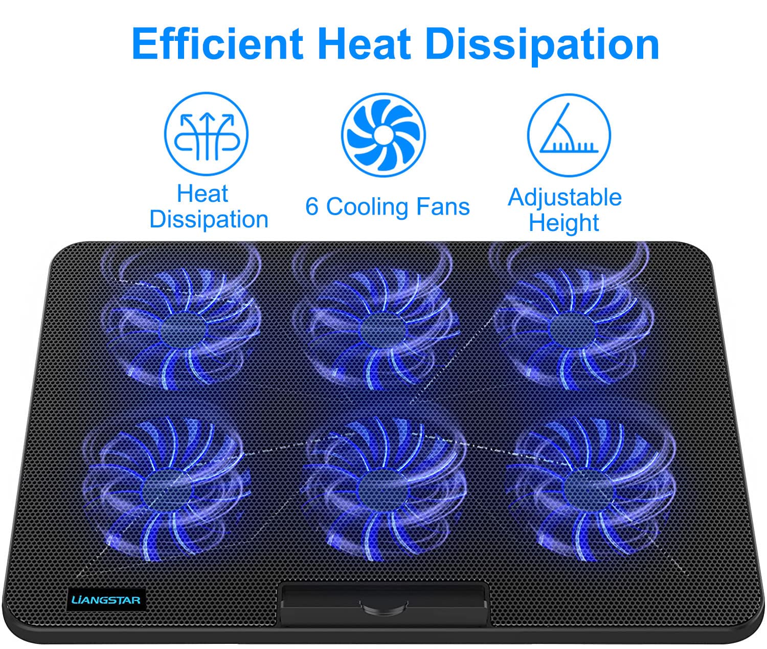 LIANGSTAR Laptop Cooling Pad, Laptop Cooler with 6 Quiet Fans at 2100RPM, Laptop Stand with Phone Holder, 7 Heights Adjustable & USB Powered, suitable for 12-17 Inch, Blue