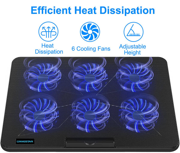 LIANGSTAR Laptop Cooling Pad, Laptop Cooler with 6 Quiet Fans at 2100RPM, Laptop Stand with Phone Holder, 7 Heights Adjustable & USB Powered, suitable for 12-17 Inch, Blue