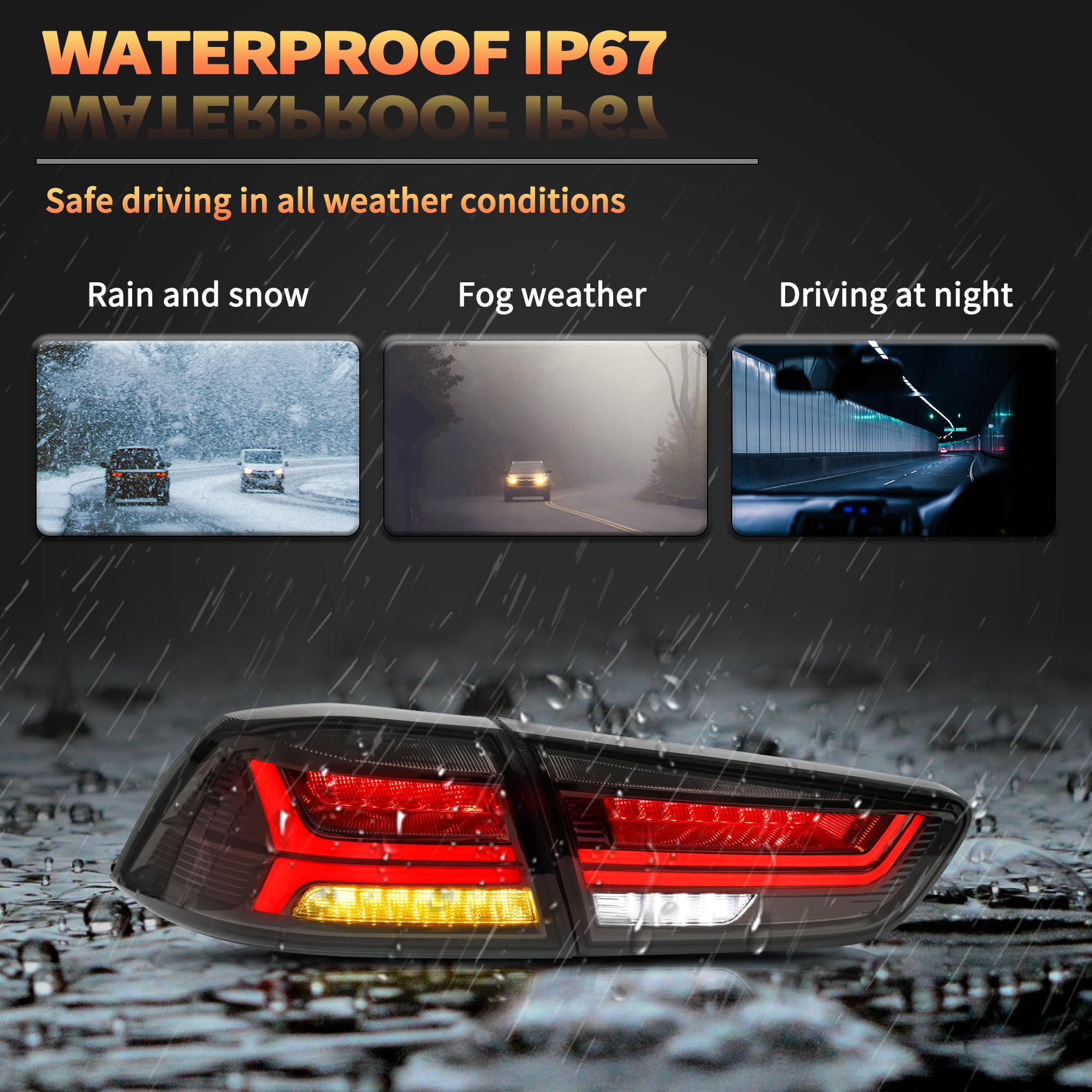 LED Rear Lights compatible with Lancer & EVO X 2008-2020 (Not Fit fortis/io), w/Amber Sequential indicator, Driver & Passenger Side - Red