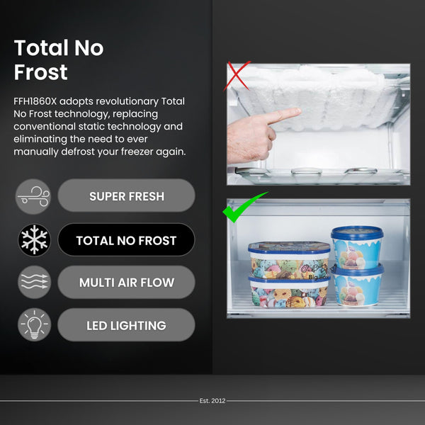 Teknix FFH1825WB 55cm Freestanding 50/50 Fridge Freezer - 256 Litre Capacity - Total No Frost - Non-plumbed Water Dispenser - Black, H182.5 x W55 x D56.2 (cm)