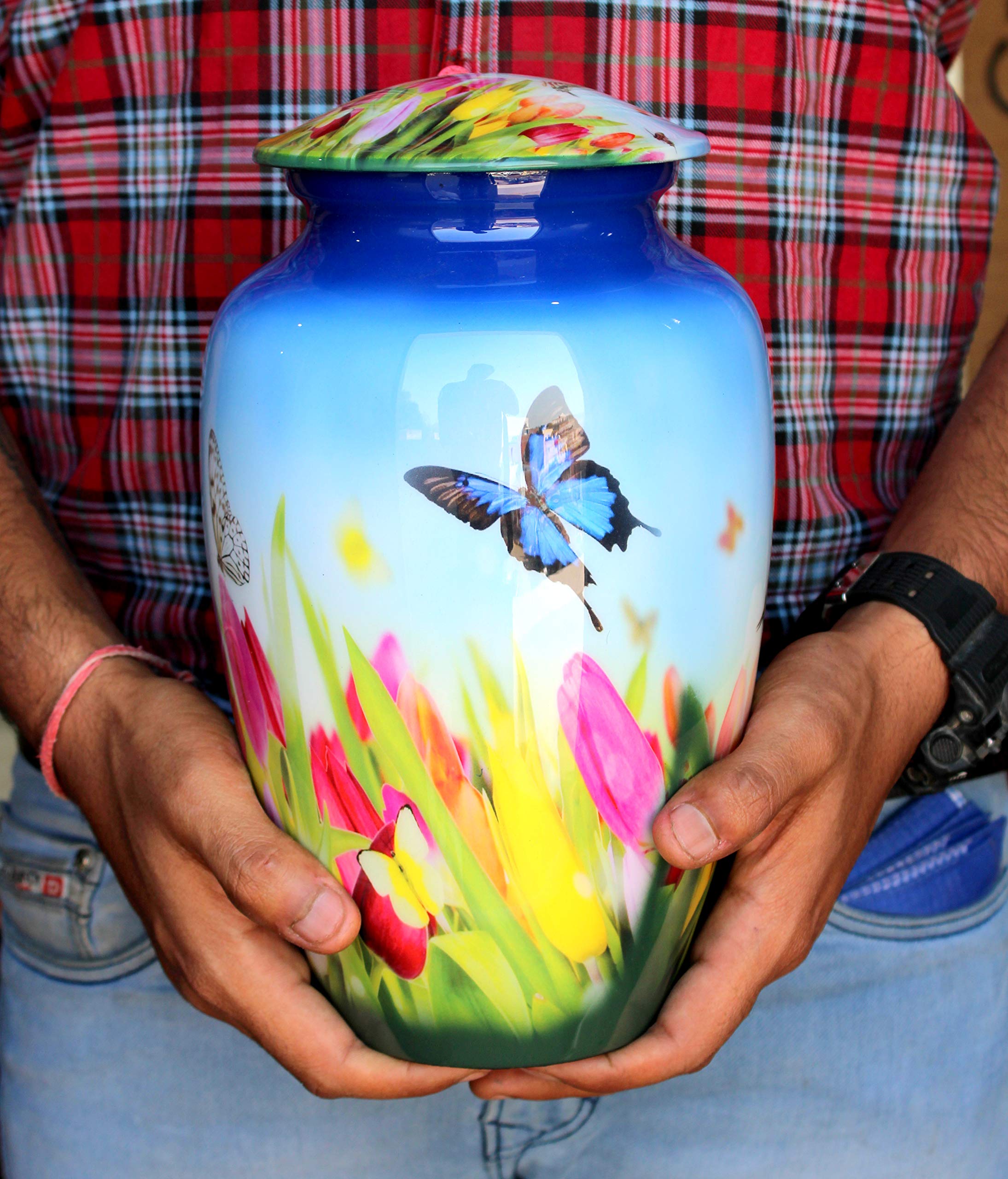 ESPLANADE Metal Cremation Urn Memorial Jar Pot Container | Full Size Urn for Funeral Ashes Burial | Butterfly with Flowers Print | Blue - 10" Inches