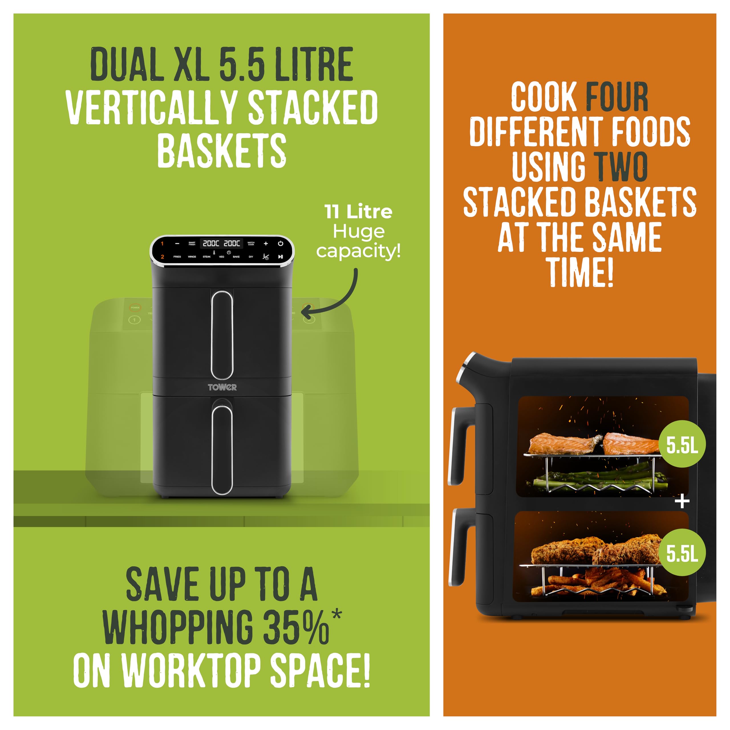 Tower T17190GRP Vortx XL Dual Stack Air Fryer with Digital Control Panel, Space Saving Design, 6 Preset Cooking Modes, Match Cook & Smart Finish Functions, 2460W, 11L, Graphite with Chrome Trim