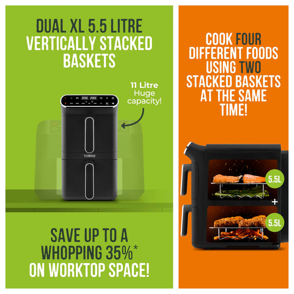 Tower T17190GRP Vortx XL Dual Stack Air Fryer with Digital Control Panel, Space Saving Design, 6 Preset Cooking Modes, Match Cook & Smart Finish Functions, 2460W, 11L, Graphite with Chrome Trim