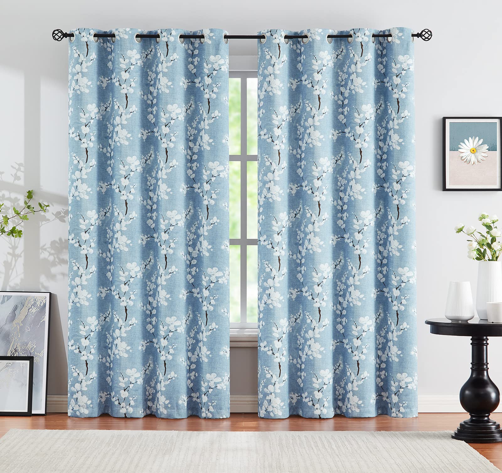 Fmfunctex Blue Floral Blackout Curtains for Bedroom 54 inch Drop Eyelet Curtains for Living Room Nursary Blossom Thermal Insulated Window Curtain