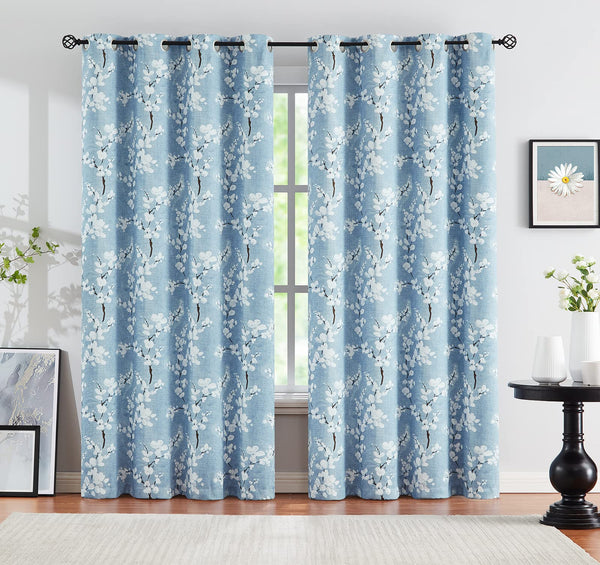 Fmfunctex Blue Floral Blackout Curtains for Bedroom 54 inch Drop Eyelet Curtains for Living Room Nursary Blossom Thermal Insulated Window Curtain
