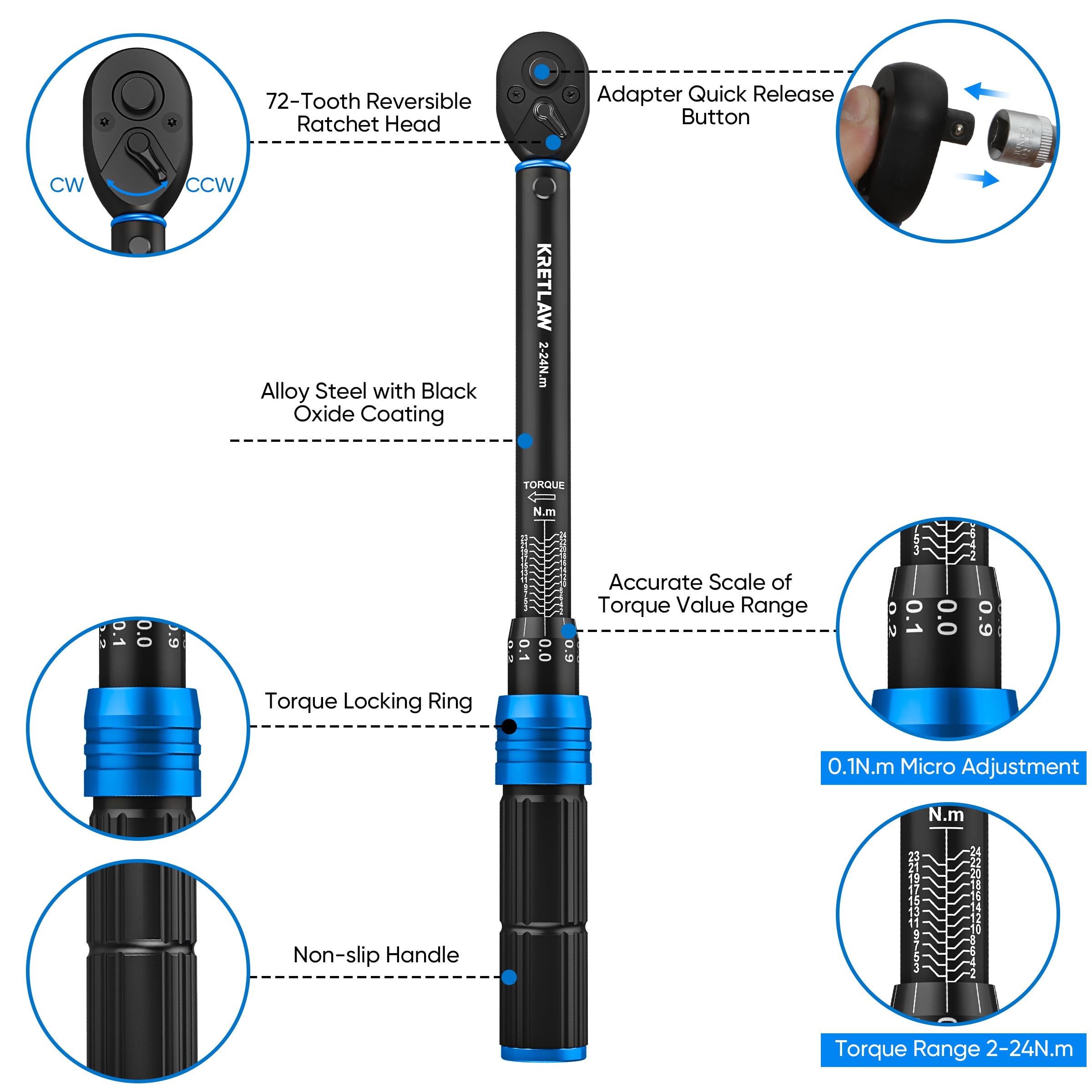 KRETLAW 3/8" Torque Wrench Set 30PCs, 5-60 Nm Drive Click Torque Wrench (72 Teeth ±3% Accuracy) with Extensions, Sockets, Adapter for Bike and Motorcycle Car Truck Maintenance