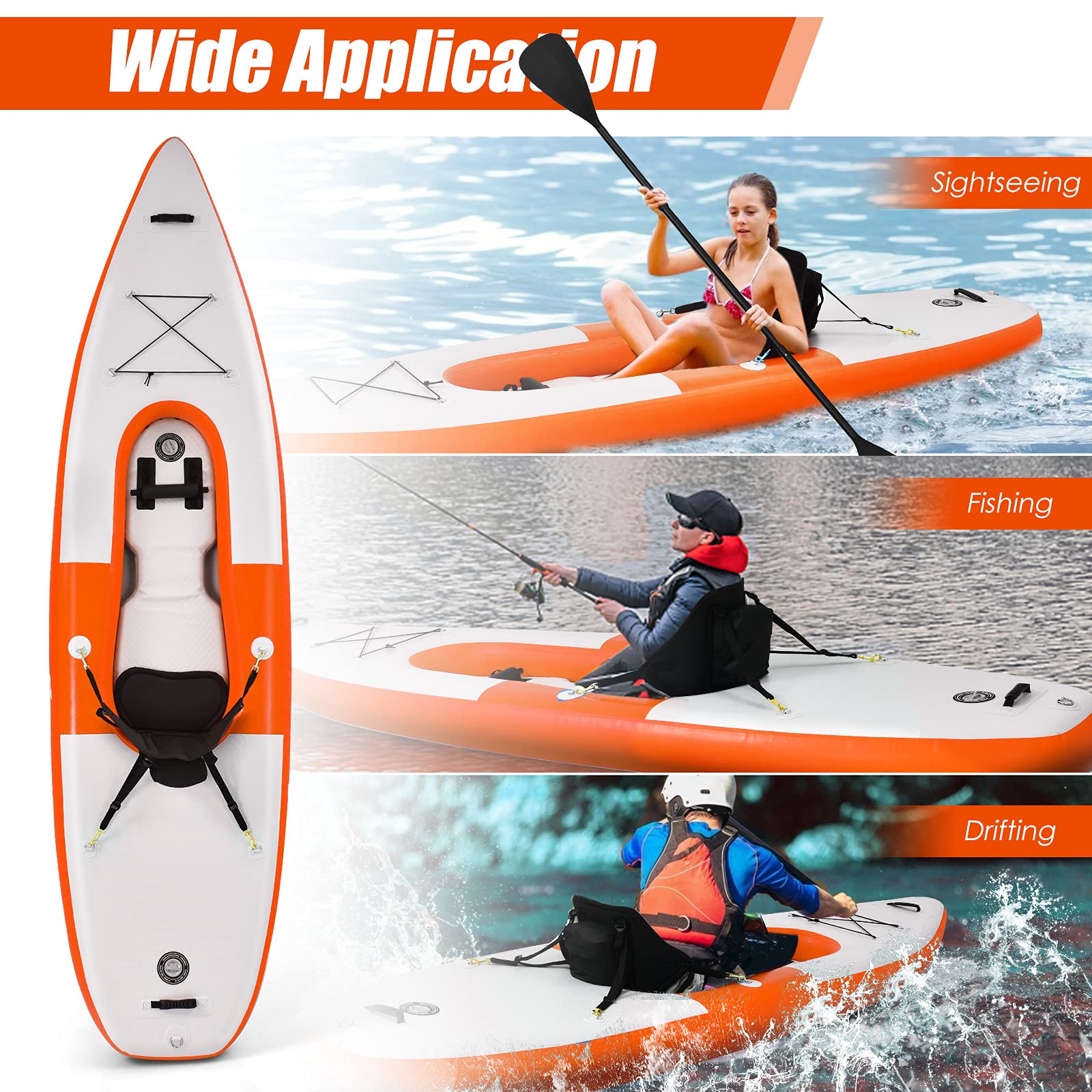 COSTWAY 10.8ft Inflatable Kayak, 1 Person Sit on Canoe with Adjustable Aluminum Oar, Hand Pump and Padded Seat, Paddle Kayaks Blow up Boat for River Lake Sea