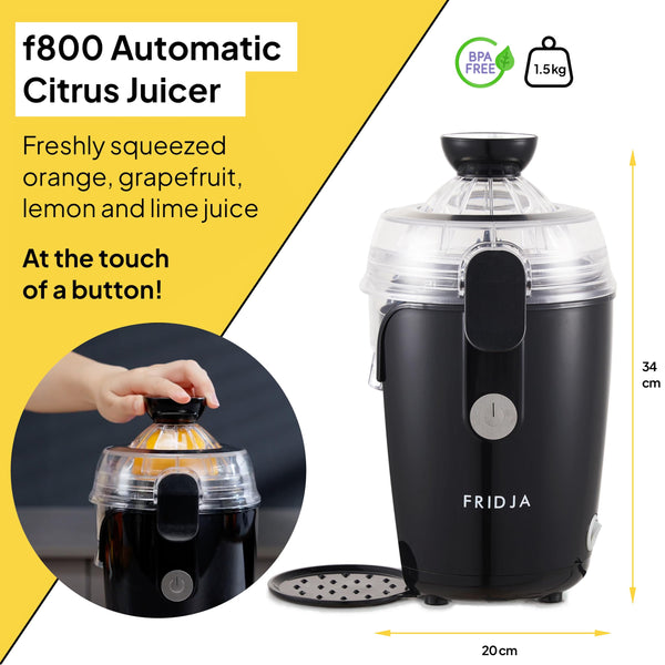 Fridja F800 Automatic Citrus Juicer - One-Touch Operation, No Spills or Splashes, Easy to Clean, Stainless Steel, Black, Ideal for Oranges, Lemons,