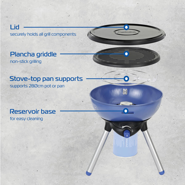 Campingaz Party Grill 400 CV, Camping Stove and Grill, All-in-One Portable Camping BBQ, with Griddle, Grid and Pan Support, Lid Doubles as Wok, Blue