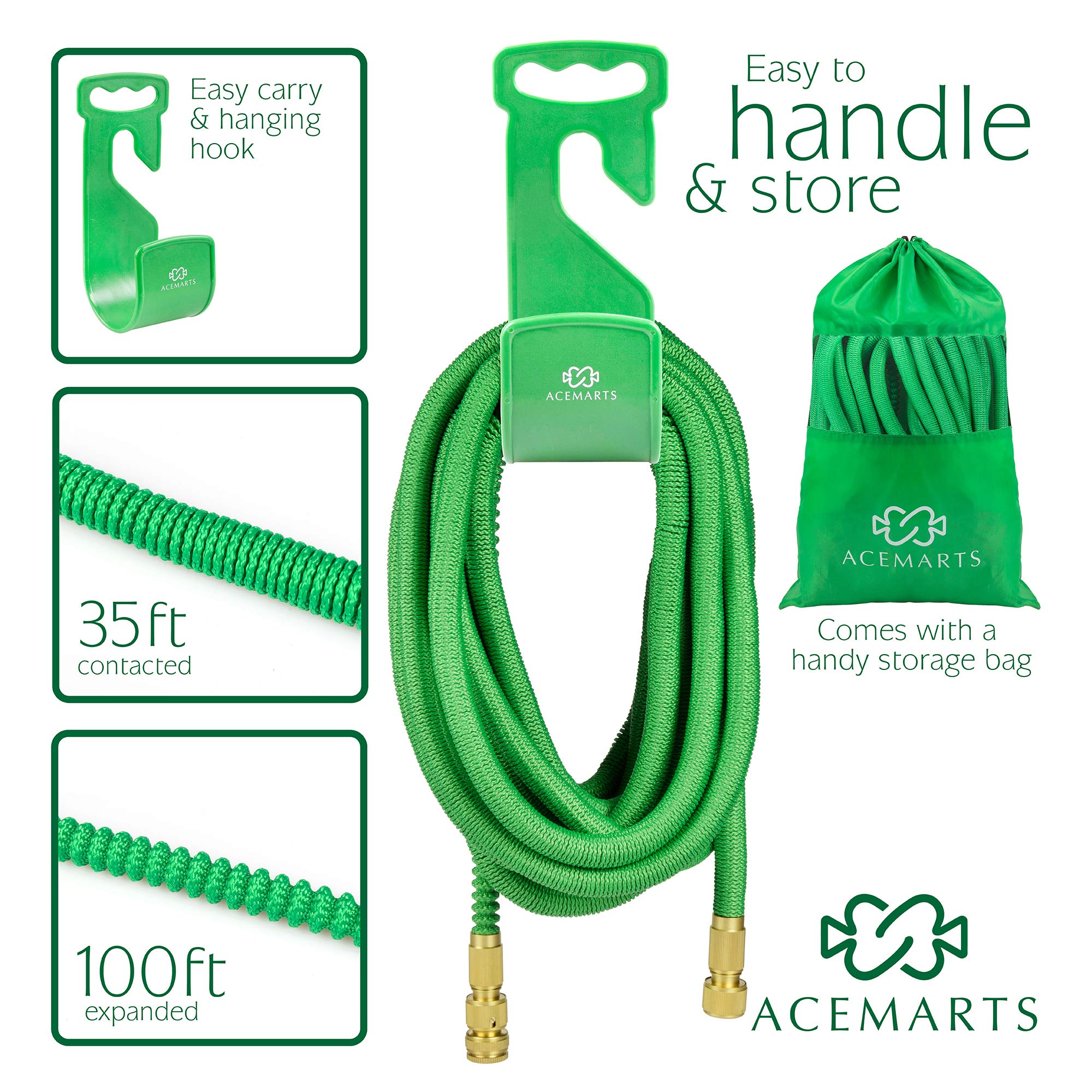 ACEMARTS Expandable Garden Hose Pipe Green 100 FT/30 M Light Weight with Tougher Latex Quality Fabric Solid Brass Connectors and 8 Pattern Nozzle for