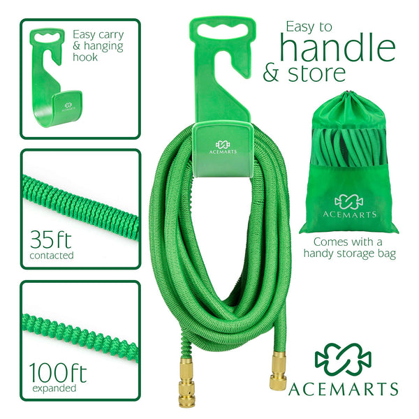 ACEMARTS Expandable Garden Hose Pipe Green 100 FT/30 M Light Weight with Tougher Latex Quality Fabric Solid Brass Connectors and 8 Pattern Nozzle for