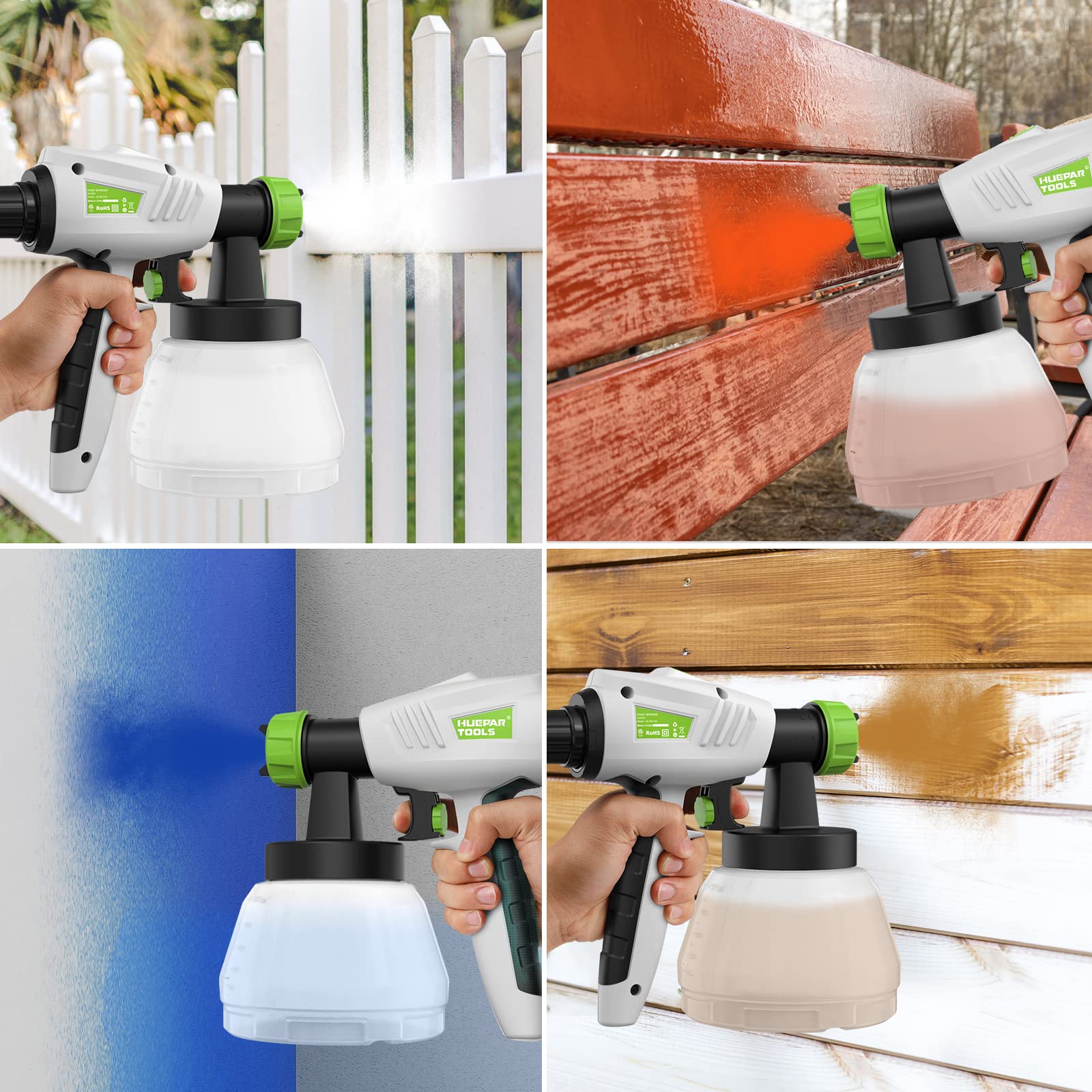 Fence Paint Sprayer 800W, Huepar Tools Electric HVLP Paint Spray Gun, 4 Nozzles, 9.84ft Hose, 3 Patterns, Adjustable Spray, 1300ML Detachable Container, Electric Spray Gun for Indoor & Outdoor