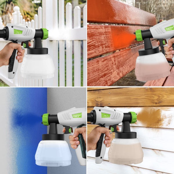 Fence Paint Sprayer 800W, Huepar Tools Electric HVLP Paint Spray Gun, 4 Nozzles, 9.84ft Hose, 3 Patterns, Adjustable Spray, 1300ML Detachable Container, Electric Spray Gun for Indoor & Outdoor