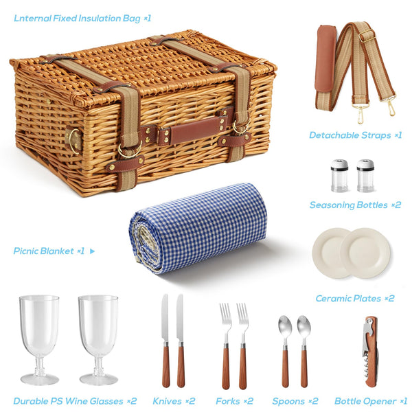 DHAEE Wicker Picnic Basket Set for 2 Person with Cooler Compartment and Waterproof Picnic Blanket,Removable Strap,Cutlery Set,for Camping,Day
