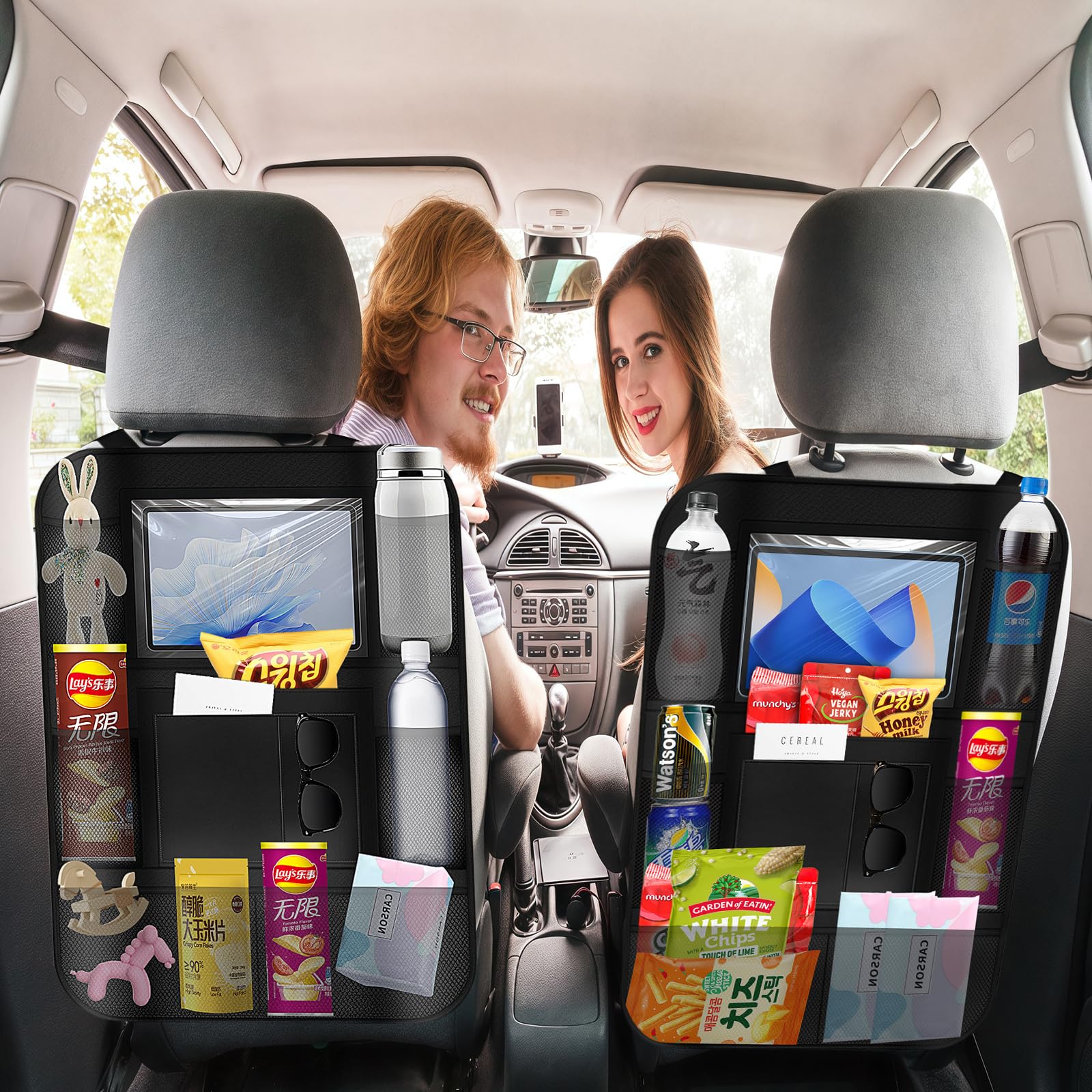 Resszo Car Organiser,Car Seat Organiser for Kids with Tablet Holder, Multifunctional WaterProof Back Seat Protector with 10.5 iPad Foldable Tray Table, 6 Pockets Toy Storage