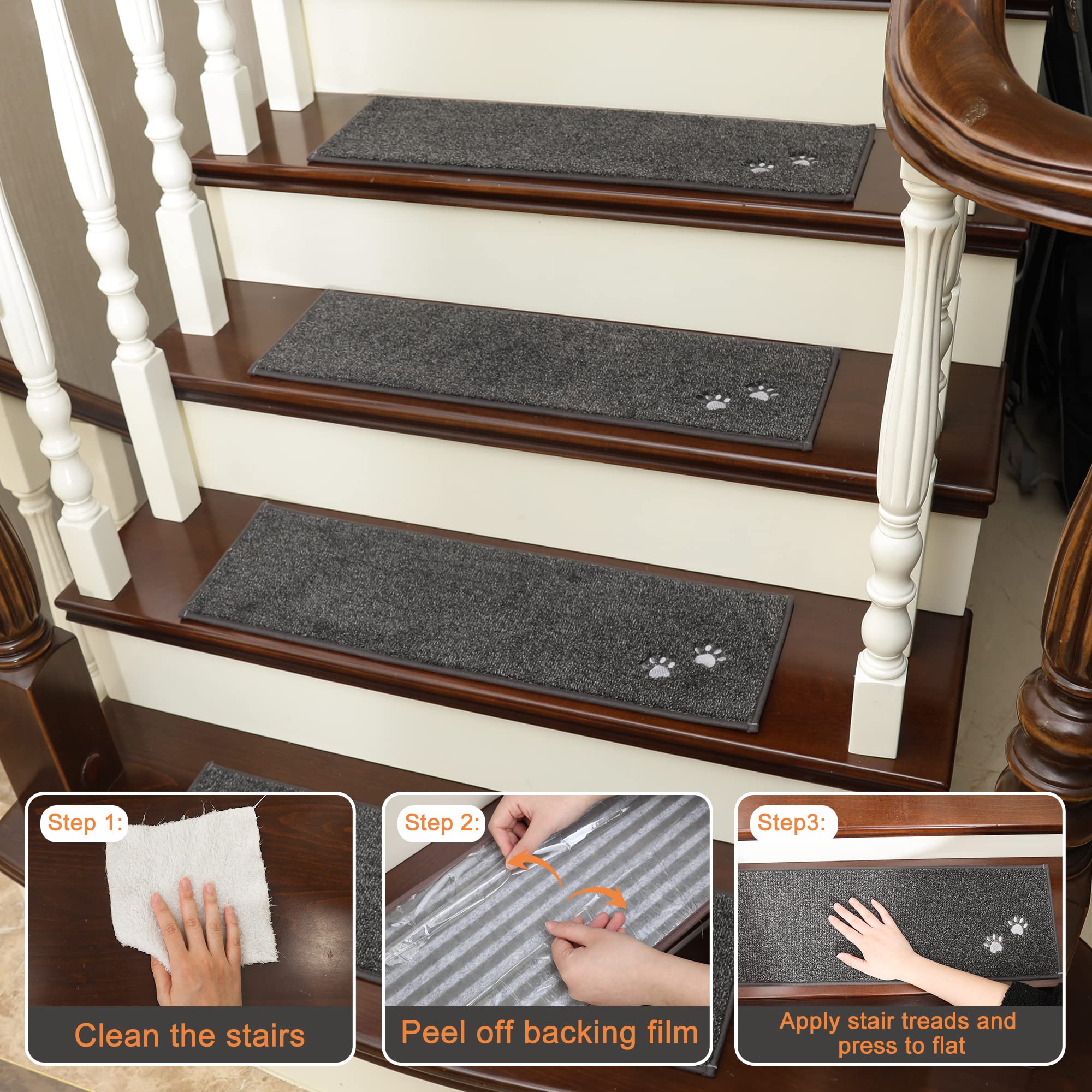 BEQHAUSE Stair-Treads-for-Wooden-Steps-Non-Slip Machine Washable Carpet Stair Treads 22x71cm Soft Indoor Stair Runner for Kids Elders and Pets 100%