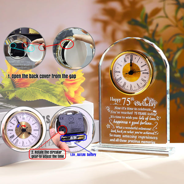 Happy 75th Birthday Quartz Clock Gifts for Women Men, Glass Keepsake Happy 75th Birthday Presents for Her Turning 75 Years Old Ornament