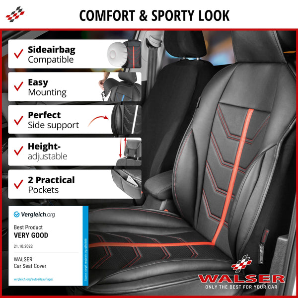 Walser Car seat cover Kimi, universal seat cover and protective pad in red - black, seat protector for cars and vanss in racing look design