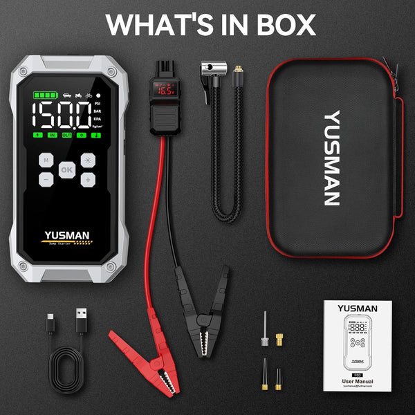 Jump Starter Power Pack with Air Compressor, 7000A 150PSI Portable Car Battery Booster (All Petrol/10L Diesel), 12V Car Jump Starter Power Bank with Jump Leads, LCD Screen, 2 LED Light