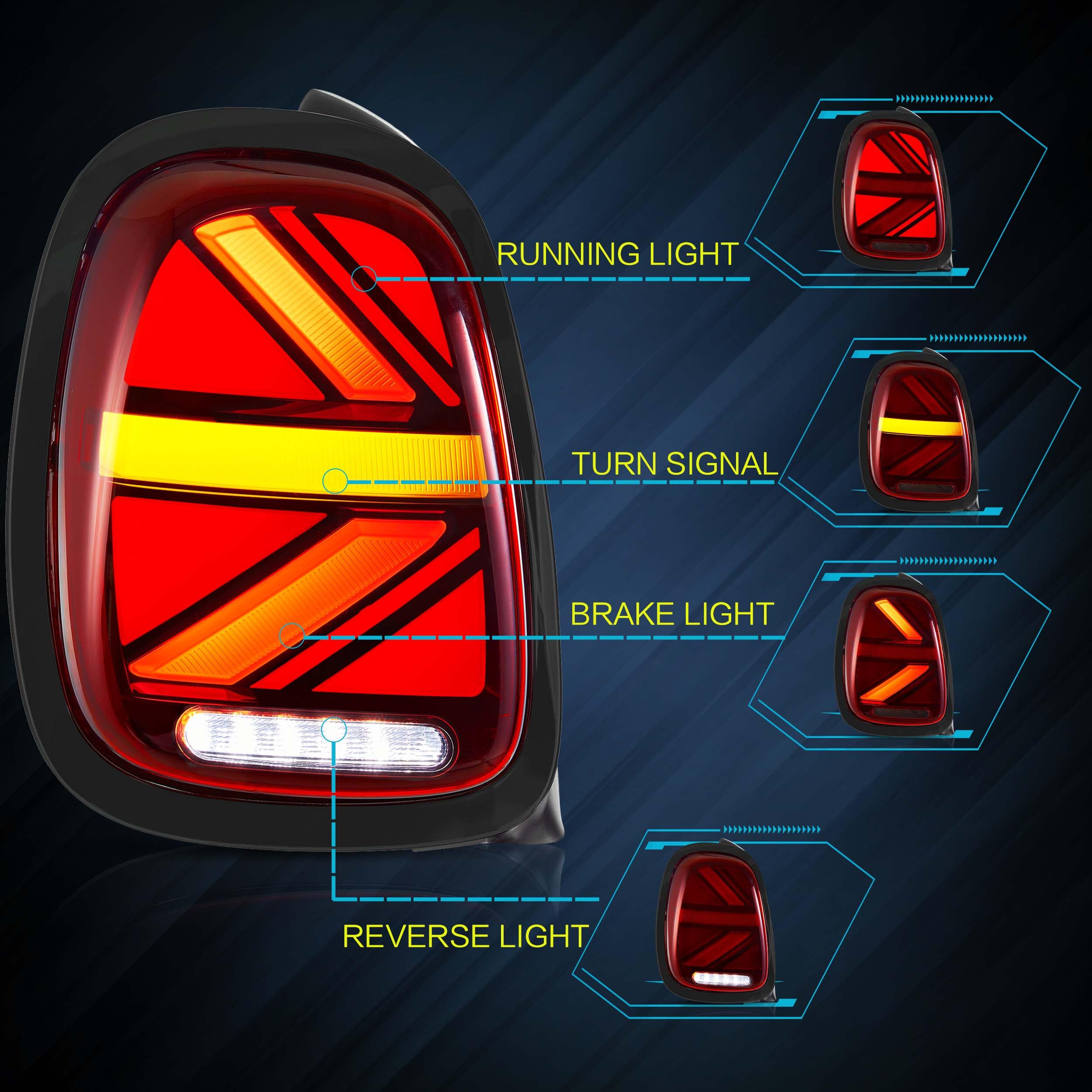 VLAND LED Tail Light Compatible with BMW Mini Cooper F55 F56 F57 2014-2021, Rear Lights with Sequential Turn Signal, Electroplated housing, Red