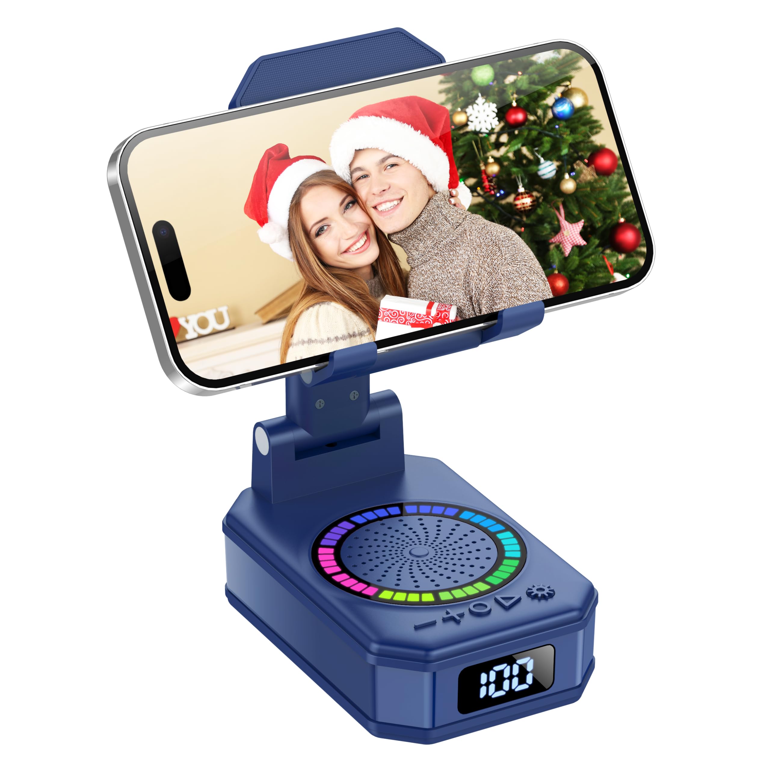Gifts for Men Women, Phone Stand with Bluetooth Speaker, Anti-Slip Base, 4-in-1 Design with RGB, Foldable Phone Charger Stand with Wireless Speaker, Ideal for Dad Mom, Tech Gadget Stocking Fillers
