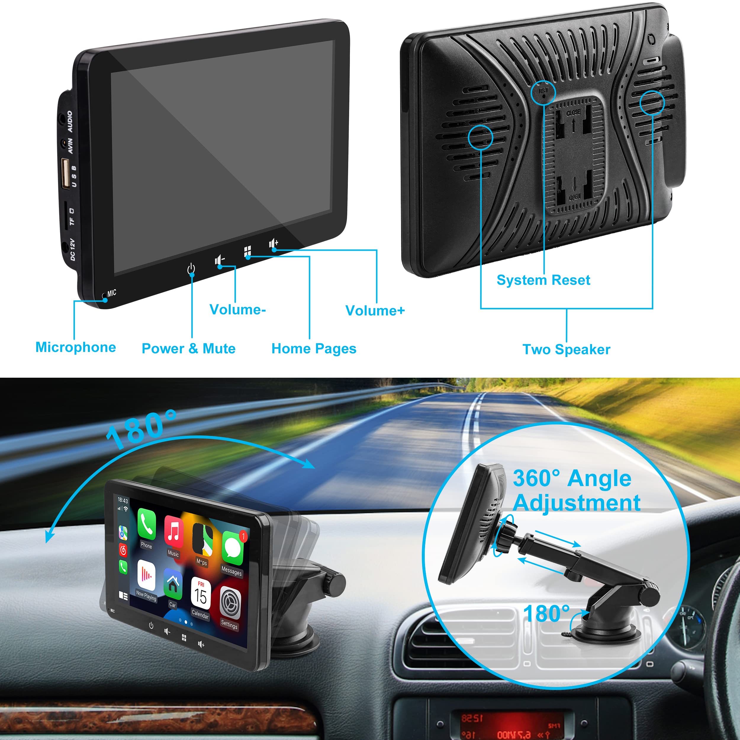 Portable Car Stereo,for Wireless Apple Carplay & Android Auto,7 Inch 1080P HD Touch Screen Radio with BT 5.0, Mirror Link Support Truck RV Dash Mount (7 inch)